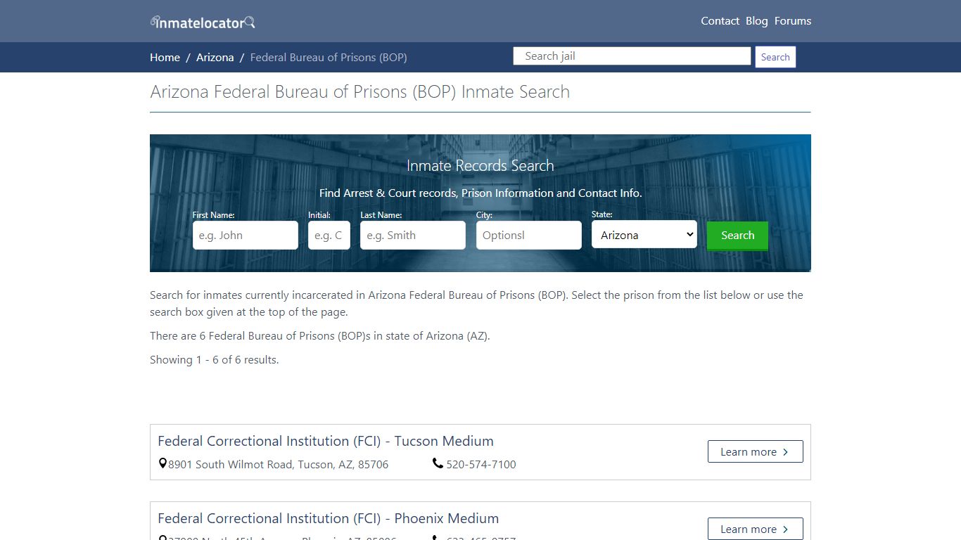 Arizona Federal Bureau of Prisons (BOP) Inmate Search ...